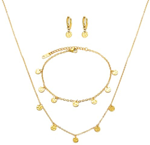 KIM JOHANSON® Edelstahl Damen Multi Layer Set *Moon* Halskette, Ohrringe & Fußkettchen in Silber, Gold & Roségold | Boho Schmuck für Frauen | Kreise Kette | Wasserfest | Verstellbar | Schmuckbeutel