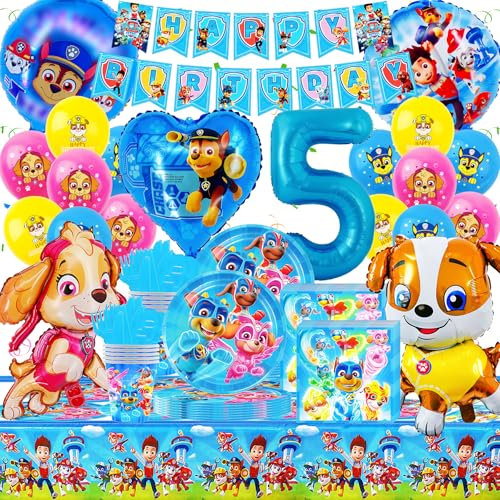 Decoration Anniversaire Pat Patrouill 5 Ans, 93 Pièces Vaisselle Pat Patrouill Anniversaire, Gozuein Bannière Nappe Pat Patrouill Anniversaire Serviette Tasse Assiette Decoration Fête Thème Kit Garçon
