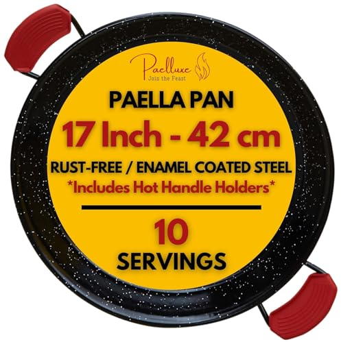 Paelluxe Paella Pan – Enamelled, No-Rust Steel Skillet for Propane & Gas Burners – Easy-to-Clean Pan for Indoor & Outdoor Cooking – Cacerola Paellera Sarten – 17 Inch, for 10 Servings