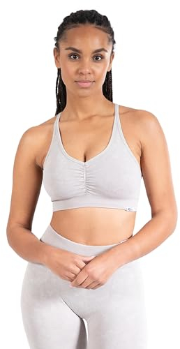 SMILODOX Sport BH Damen - Batik Acid Scrunch Sport Bra - Blickdicht rutschfest Crop Top - Schöner Rückenausschnitt - Atmungsaktive Tank Top für Yoga Fitness Gym, Größe:S, Color:Beige