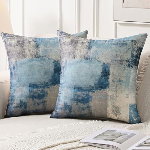 Jayusaror Kissenbezug 50 x 50 cm Kissenbezüge Navy Blau Grau Weiß Sofakissen Deko Zierkissen Leinen Couchkissen Abstrakte Aesthetic Kissenhüllen 2er-Set für Wohnzimmer