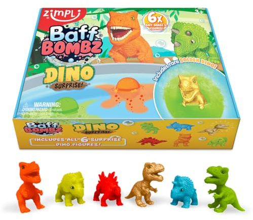 Zimpli Kids 6 Überraschungs-Badebomben Dinosaurier, 6 Überraschungs-Dinosaurier-Spielzeuge im Inneren! Kindergeburtstagsgeschenke, Badespielzeug für Jungen und Mädchen