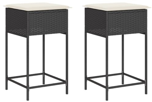 vidaXL Garten Barhocker mit Kissen 2 STK., Barstuhl mit Stahlrahmen, Tresenhocker für Garten Terrasse, Gartenmöbel, Schwarz Poly Rattan