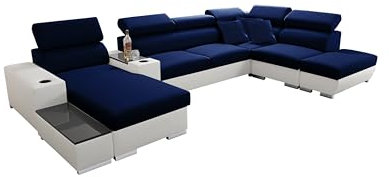 All4All Ecksofa mit Schlaffunktion Ponti 368 cm x 227 cm - Wohnlandschaft U-Form - Schlafsofa mit Bettkasten - XXL Sofa - Groß - Gewebe mit Kunstleder - Linke Seite - Blau/Weiß - Modern 26