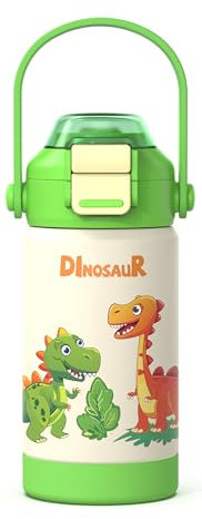 Kiocko Gourde Isotherme Pour Enfant Avec Paille,Acier Inoxydable - 350 Ml,Sans Bpa - Anti-Fuite - Bouteille D'Eau Isotherme Pour L'éCole, La Maternelle(Dinosaure)