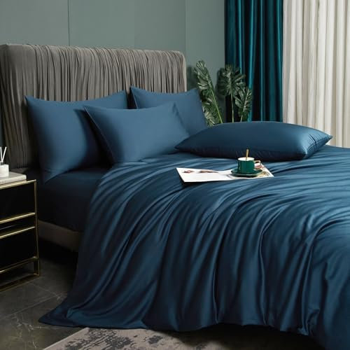 Luofanfei Parure de lit Bambou 240 x 260 Pétrole Adulte 2 Personnes Unie Lyocell Housse de Couette Soie Lisse Soyeux Brillant Ensemble Literie avec Fermeture éclair et 65x65cm Taies d'oreiller