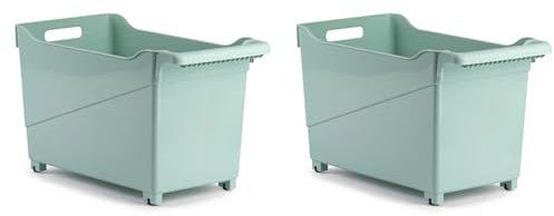 Acan Tradineur - Pack de 2 Carritos de plástico con Ruedas y asa - N.º 2 - Cesta Organizadora para Productos de Limpieza, Baño, Cocina - Color Verde Pastel