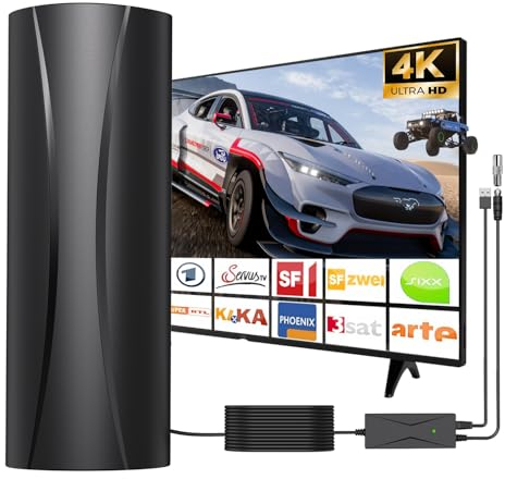 Roujune DVBT2 Antenne, Zimmerantenne DVB-T & DVB-T2 Antennen mit Verstärker, Zimmerantenne für Fernseher mit Großer Reichweite und 360° Empfang, Geeignet für 4K 1080p & Alle TV-Geräte