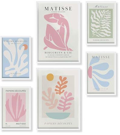 Heimlich® 6er Poster Set mit Bilderrahmen Holz Weiss | Matisse-Pastell | Modernes Design Bilder Wohnzimmer | Poster & Kunstdrucke | Farbenfroh in Pastelltönen | 2X A3 (30x42 cm) & 4X A4 (21x30 cm)
