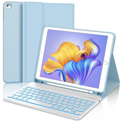 WINCHKING Clavier pour iPad 6 ème - Coque Clavier pour iPad 9,7 Pouces (6ème / 5ème), Rétroéclairage 7 Couleurs, AZERTY,
