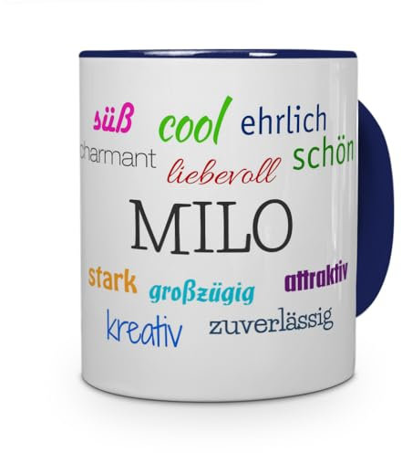 printplanet Tasse mit Namen Milo - Positive Eigenschaften von Milo - Namenstasse, Kaffeebecher, Mug, Becher, Kaffeetasse - Farbe Blau