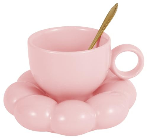 Ceramic Coffee Mug with Saucer Set 200ml Ceramic Tea Cup Milk Cup with Flower Spoon and Sunflower Cute Latte Cups Beautiful Ceramic Tea Mug for Home Office, Women Men and Friends Gift(Pink)