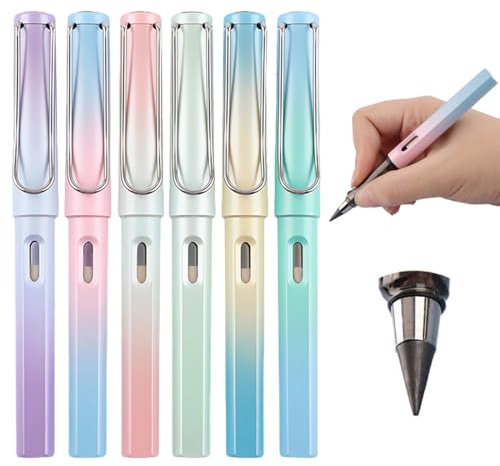 6 Stück Metall Tintenlose Bleistifte, Tintenloser Bleistift mit Radiergummi, Magic Pencil mit 5 Stück Wechselkopfm, Klares und Flüssiges Schreiben für Erwachsene Studenten Künstler (Farbverlauf)