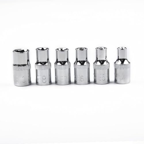 Lot de 6 douilles TorxStar femelles 1/4 - Tailles E4 à E10, acier 50#, chromé, traité thermiquement pour un couple élevé - Longueurs 24 mm/28 mm, kit d'outils à main