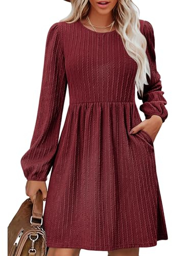 Zeagoo Kleid Damen Langarm Strickkleid Herbst Kleider A-Linie Winterkleider | Rundhals Herbstkleid Knielang Winter Dresses Jerseykleid Locker Tunika Kleid mit Taschen