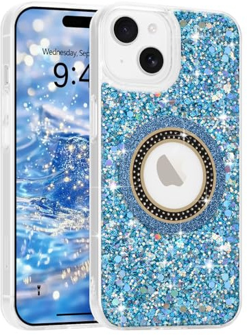 Teageo Magnetic Case for iPhone 15 Plus/14 Plus, Glitter Women Cover, Blue | Compatible with MagSafe, Magnetic Slim Logo View Phone Case, Shockproof Ultra Thin Bling Sparkle Cover