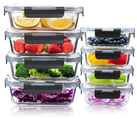 Woobroo Glass Container Food Storage with Lids, 16 Pieces (8 Containers + 8 Lids) Meal Prep Containers Set, Airtight Lunch Containers, Leak Proof, BPA Free for Microwave, Oven, Freezer, Dishwasher