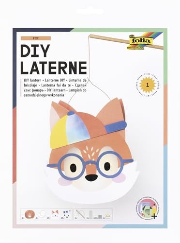 folia 95303 - DIY Laterne FOX, ca. 26 x 22,5 x 6 cm - Laternen Bastelset gestaltbar als Fuchs mit Mütze, inkl. LED Licht, 2 Batterien und Klebepad