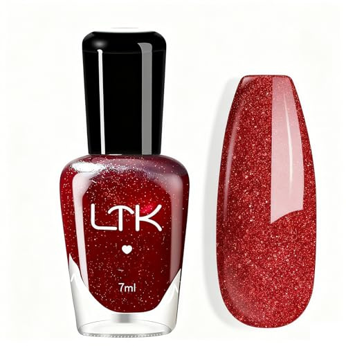 Red Glitter Nail Polish - Burgundy Wine Red Glitter Nail Varnish - Shimmer Sparkle Nail Polish - Long Lasting Quick Dry Chip Resistant Vegan Nail Lacquer for DIY Manicure at Home