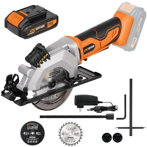 Extbtfor Circular Saw,4-1/2 Mini Circular Saw Cordless with 2.0A Battery, Power Saw with Laser Guide, 3400RPM, Maximum Cutting 1-11/16 at 90° and 1-1/8at 45° for Wood, Soft Metal, Plastic