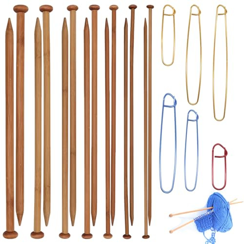7 Paar Bambus-Stricknadeln im Set, einspitzige, gerade Holzstricknadeln, glatt, lang, aus Holz für Mützen, Schals, Decken – Geschenk für Strickanfänger/-begeisterte