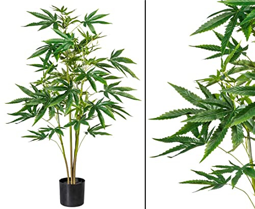 Künstlicher Cannabis Hanf Baum, 100cm Höhe, 4 Zweige mit 72 Blättern, Polyester & PE Material, 1,3kg, Dekorative Kunstpflanze für Theater, Film, Apotheken und Privat