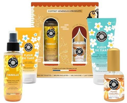 Coffret Cadeau Les Petits Plaisirs – Le Village des Senteurs Poire Caramel – Eau de toilette 30ml, Brume pailletée, Gel douche & Lait corps – Fabriqué en France