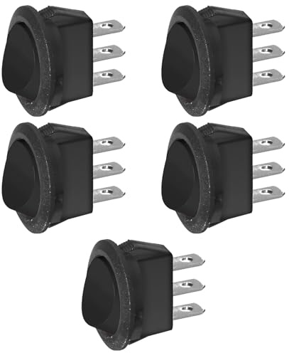 5 interrupteurs ON-ON à bascule, bouton noir, unipolaire SPDT, 2 positions, rond, montage par panneau, trou diamètre 20 mm, portée 220 V 230 V 6 A, contacts terminaux en laiton 4,8 mm