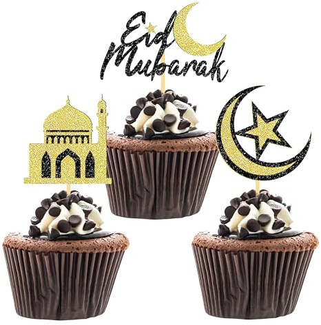 24 Stück Glitzer Umrah Mubarak Cupcake Toppers, Eid Mubarak Kuchendeko, Ramadan Deko, Islam Deko Tortendeko für Islamische Muslimische Festival Party Dekoration (Schwarz Gold)