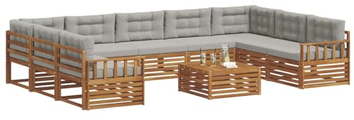 vidaXL Sofagarnituren 10 pcs Natürlich und Hellgrau Massivholz Akazie, Moderner Garten-Sofa, Outdoor-Sitzgruppe, Lounge-Set für die Terrasse, bequem und robust