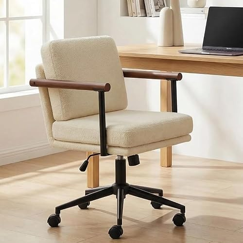 FurniSoar Homeoffice Stuhl, Gepolsterter Schreibtischstuhl Höhenverstellbar, Schminkstuhl mit Holz Armlehnen und Rollen, Bürostuhl Ergonomisch aus Sherpa, für Schlafzimmer Büro Wohnzimmer, Weiß