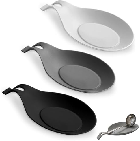 3 PCS Silicone Spoon Rest for Stove Top, Heat Resistant Cooking Utensil Rest, Kitchen Spoon Holder with Hanging Hole for Ladle, Spatula & Spoon, Dishwasher Safe – Black/Grey (Colour as per Image)
