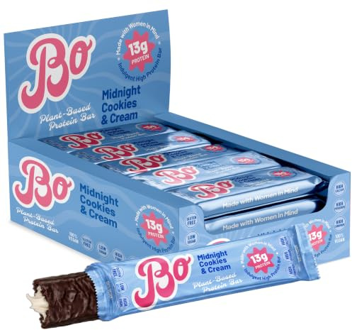 Bo Protein Bars – Soft-Baked Vegan Snack Bars with Added Minerals, 15g Protein, Low Sugar & High Fibre – Plant-Based, Gluten-Free & Non-GMO – Cookies & Cream, 12 x 55g