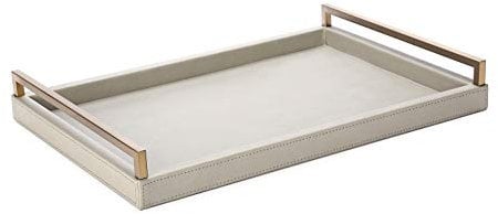 17.7 * 11.8 Grey Faux Leather Decorative Tray Serving Tray for Coffee Table Console Table with Matt Gold Stainless Steel Handles (Grey)