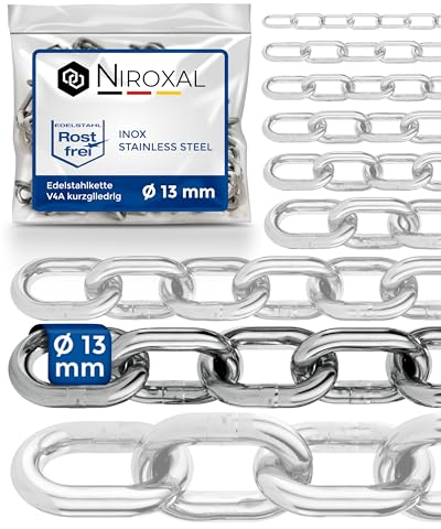 100cm = 1 meter 13mm starke Kette Edelstahl Meterware V4A Sicherungskette kurzgliedrig am Stück Stahlkette A4 DIN 56856 Edelstahlkette DIN 766 rostfreie Gliederkette Ankerkette 1m