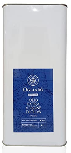 Olio extravergine di oliva italiano EVO Ogliarò Il Delicato estratto a freddo monocultivar Ogliarola Garganica, certificato e garantito da analisi chimiche (Fruttato Leggero, 5 Litri)