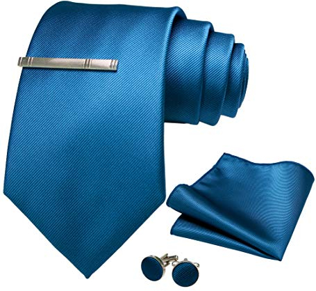 JEMYGINS 9cm Breit Extra lang Krawatte Herren Blauer See in Seide Geeigneter Hochzeit Fest und Einstecktuch Krawattenklammer Set(15)