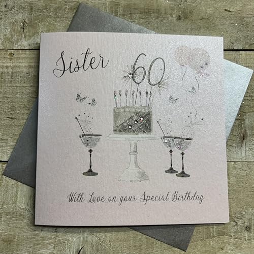 Happy 60th Birthday Card Sister Champagne Glasses Pink Roses by White Cotton Cards SS42-S60,16cm x 16cm