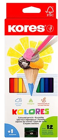 Kores - Kolores: 12 Buntstifte für Kinder, Anfänger und Erwachsene mit weicher Mine und dreieckiger Form, Set mit 12 verschiedenen Farben und Anspitzer im Lieferumfang enthalten