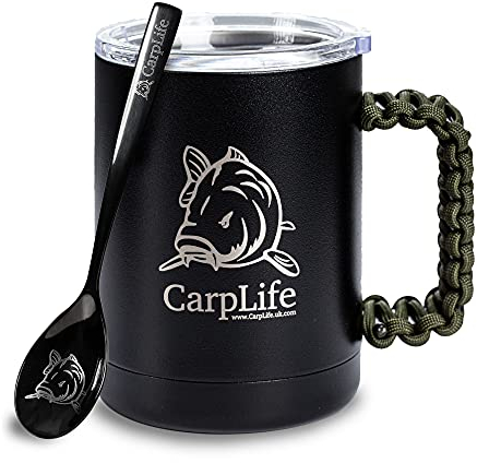 CarpLife Thermal Fishing Mug, Lid & Spoon - Stainless Steel Thermal Mug with Lid and Handle – Insulated Travel Cup, Fishing Cup with Etched Spoon – Portable Coffee Tea Brew Kit for Hot & Cold Drinks