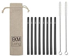 EKM Living GmbH Lot de pailles en acier inoxydable, incassables, réutilisables, passent au lave-vaisselle, sans plastique, noires