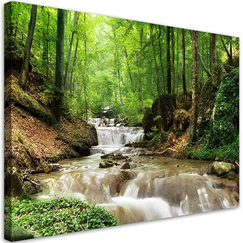 Feeby Vlies Wandbilder - Schlafzimmer Bilder - Wasserfall Wald Bach Natur - 120x80 1tlg - Wohnzimmer Vlies Bild Groß - Wohnungs - Foto Geschenk - Leinwand Wall Art - Wanddeko