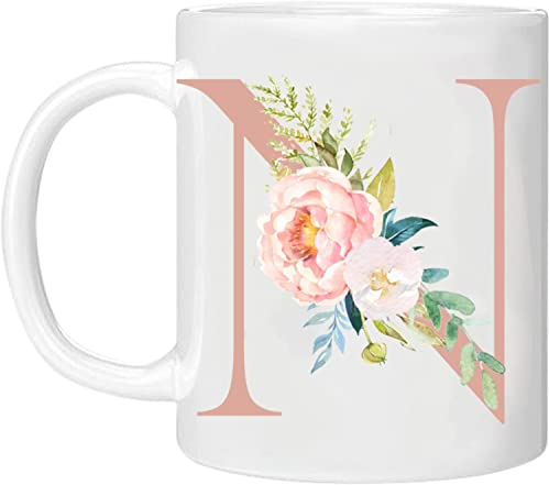 MOBILE STUFF Personalised Floral Mug Letter N - Any Alphabet 11oz Ceramic Coffee/Tea Cup Gift for Christmas, Birthday, Secret Santa, Mother’s Day, NOT Real Glitter (Rose N)