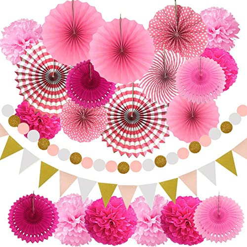 21Pcs Paper Fans Party Decorations Set, Rose Red and Pink Hanging Paper Fans, Pom Poms Flowers and Triangle Bunting Flags for Birthday Party, Wedding Decorations, Baby Showers Decoration