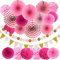 21Pcs Paper Fans Party Decorations Set, Rose Red and Pink Hanging Paper Fans, Pom Poms Flowers and Triangle Bunting Flags for Birthday Party, Wedding Decorations, Baby Showers Decoration