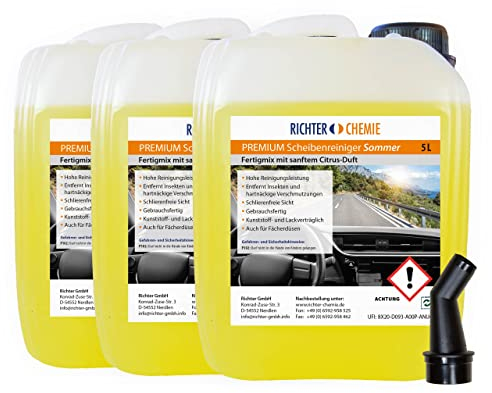 Richter Chemie Scheibenreiniger Sommer Scheibenwischwasser mit Ausgießer für klare Sicht im Auto - Wischwasser Auto - 3 x 5 Liter