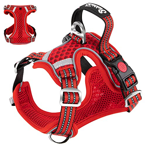 Eyein Hundegeschirr für Kleine Mittelgroße Hunde, Air Mesh Atmungsaktiv Brustgeschirr mit weichem Griff und Abschließbare Karabiner, ausbruchsicher reflektierend Hund Geschirr für Welpen, Rot, M
