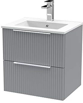 Hudson Reed DFF292B Fluted Modern Bathroom Wall Hung 2 Drawer Vanity Basin Unit with Minimalist Ceramic Basin, 500mm, Satin Grey