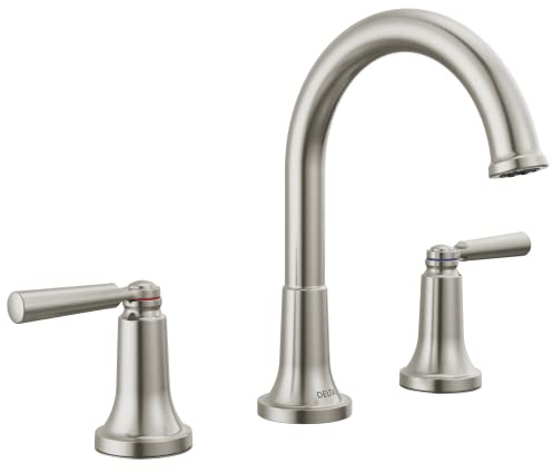 Delta Saylor Brushed Nickel Bathroom Faucet 3 Hole, 8 Inch Widespread Bathroom Sink Faucet for Vanity, Metal Push-Pop Drain Assembly, Stainless 3535-SSMPU-DST