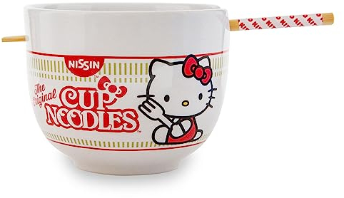 Silver Buffalo Hello Kitty Nissin Bol à ramen en céramique avec baguettes 590 ml, KTY701KD